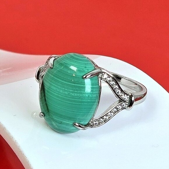925 Sterling Silver Ring Sz 8.5 with Natural Malachite & CZ - Picture 8 of 15
